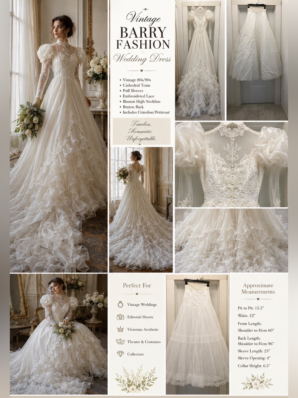 Late 80s Bonny  Fashion Cathedral Train Wedding Dress + Crinoline